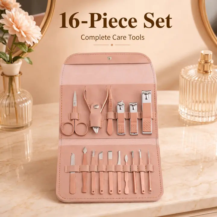 16-Piece Premium Stainless Steel Grooming Kit (with Leather Travel Case)