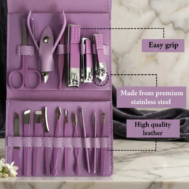 16-Piece Premium Stainless Steel Grooming Kit (with Leather Travel Case)